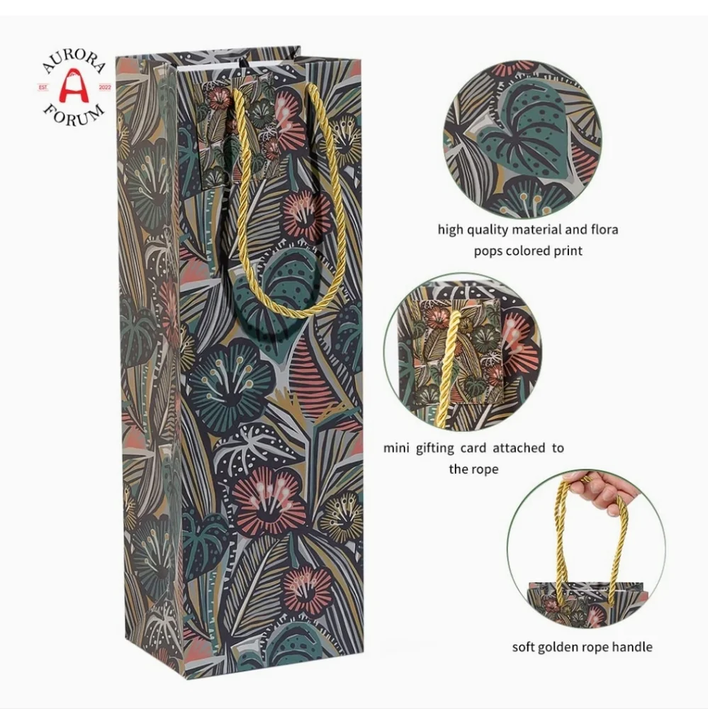 *🆕 Aurora Forum 12 Ct Tropical Floral Accent Tall Bags, Gold Handles & Tags NEW
